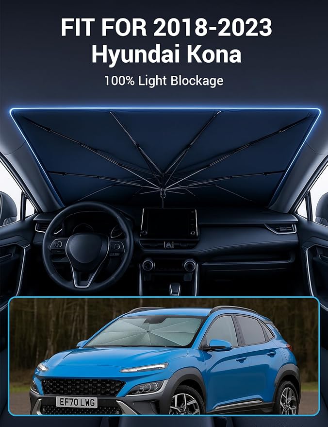 Proadsy Windshield Sun Shade Umbrella for Hyundai Kona 2018-2023 Foldable Car Umbrella Sunshade with Soft TPU Handle Spring Structure Crystal Cooling Material Protect Car from Rays & Heat