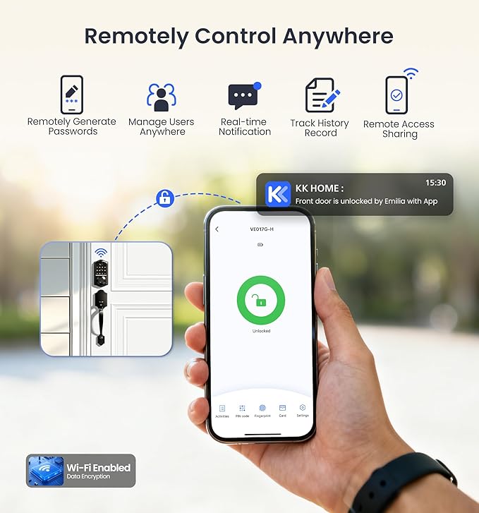 Veise VE017G-H Wi-Fi Smart Fingerprint Front Door Lock Set, Remote App Control, Keyless Entry Deadbolt with Handle, Backlit Keypad, IP55 Weatherproof, Auto Lock, Easy to Install, Matte Black