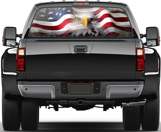 Truck Rear Window Perforated Decal Wrap American Flag Eagle Hunting Graphic Vinyl Sticker Patriotic Decoration Fit Most Pickup Trucks SUV Size 66" x 20"