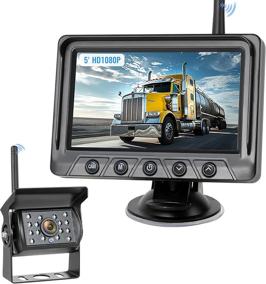 Wireless RV Backup Camera System | 5" 1080P Monitor with IR Night Vision | IP69 Waterproof Rear View Camera for Hitching Trailer, Camper, Fifth Wheel, RV, Customizable Parking Lines, WZ5V02