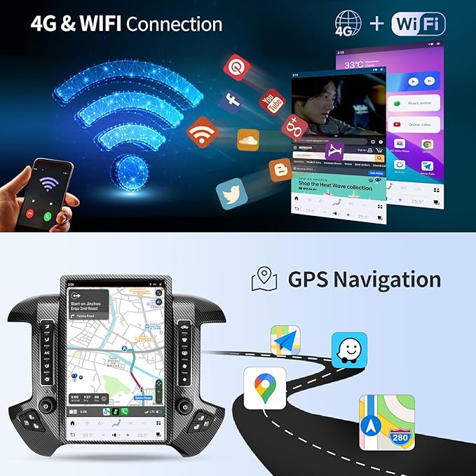 Car Radio for GMC Sierra Chevrolet Silverado 2014-2019 Stereo Radio Replacement Upgraded 8+128G 14.4 Inches 2K Screen Tesla Style Carplay Android Auto GPS Navigation OEM 8 & 4.2 Inch (Carbon Fibre)