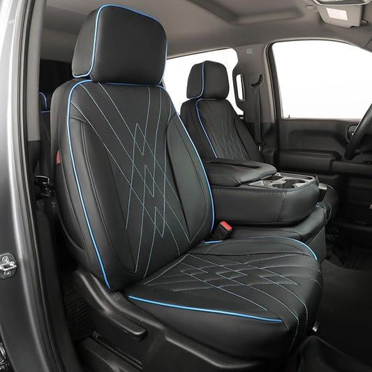 EKR Silverado Seat Covers Custom Fit for (Double Cab) 2014-2018 Chevrolet Silverado 1500 & HD 2500/3500 LT/LTZ/Custom,Leather Car Seat Cover Full Set,Faux Leather (Black with Blue Trim)