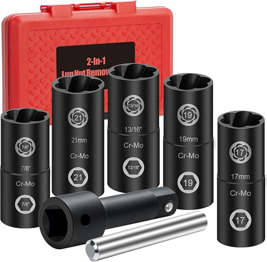 2-In-1 Lug Nut Removal Tool & Impact Socket Set, with 1/2" Drive, Easy Out Broken Bolt Extractor Kit, Ez Out Stripped Wheel Lock for Removing Rounded, Rusted Bolts, Nuts & Screw 7-Pieces