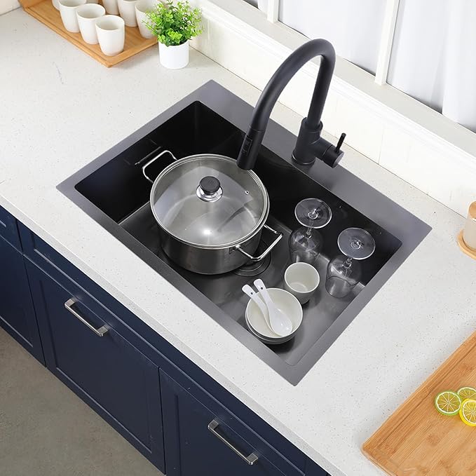 22 Inch Drop In Kitchen Sink Black, 22 x 18 Stainless Steel Single Bowl Top Mount Drop In Bar Wet Prep RV Outdoor Kitchen Sink, 16 Gauge Gunmetal Black