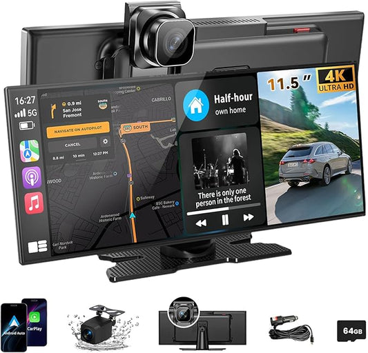Largest 11.5 inch Wireless CarPlay Screen for Car, A-pple CarPlay & Android Auto HD Touchscreen with 4K Dash Cam/1080P Backup Camera/Navigation/Bluetooth/Voice Control/FM/Mirror Link,for All Vehicles