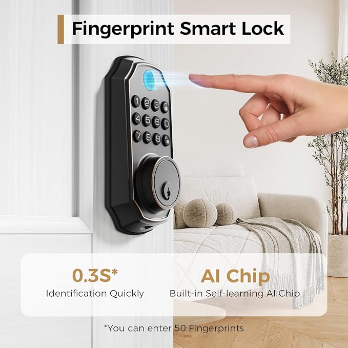 ARPHA Fingerprint Smart Door Lock - Keyless Entry Door Lock, Built-in WiFi Deadbolt with Keypad, APP Remote Control, Easy Installation (WiFi+Fingerprint+Password)