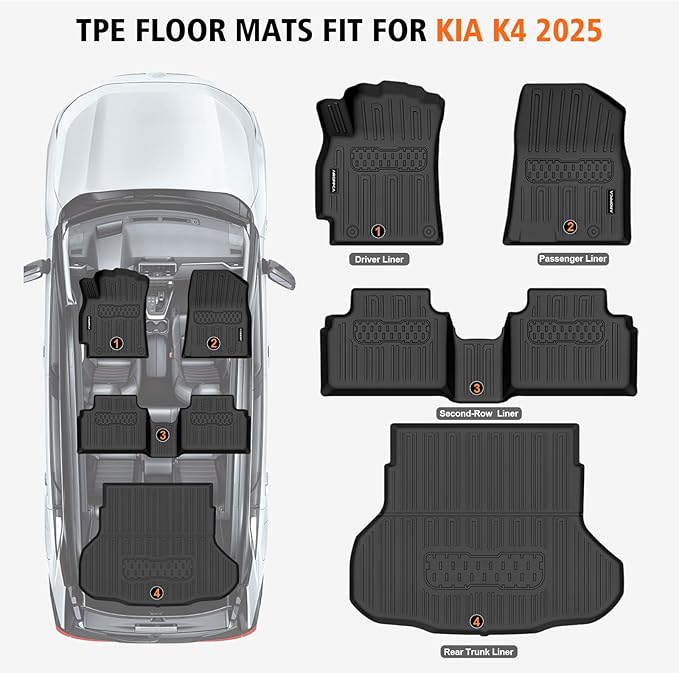 All Weather Floor Mats Cargo Liner for 2025 2026 Kia K4, TPE Rubber Floor Liners Anti-Slip Full Set Automotive Mats for 2025 2026 Kia K4 Accessories