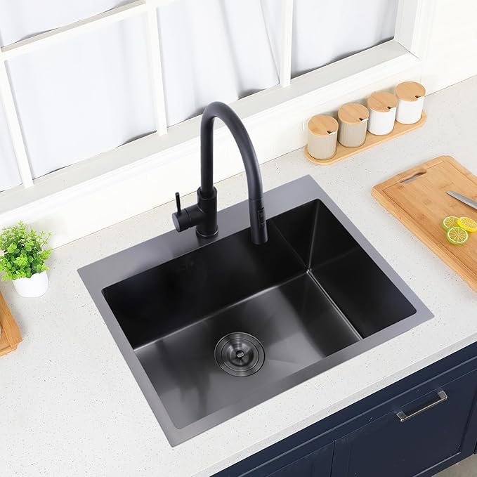 22 Inch Drop In Kitchen Sink Black, 22 x 18 Stainless Steel Single Bowl Top Mount Drop In Bar Wet Prep RV Outdoor Kitchen Sink, 16 Gauge Gunmetal Black