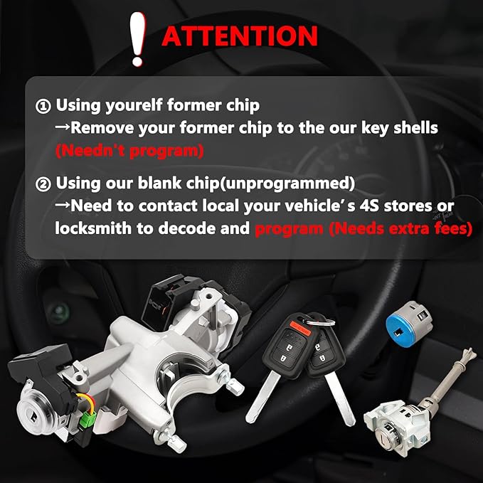 RAMATA Ignition Switch Lock Cylinder with Key (with Blank Chip) Compatible with 2014 2015 Honda CRV (Ignition Chip: 47,Frequency: 313.8mHz)