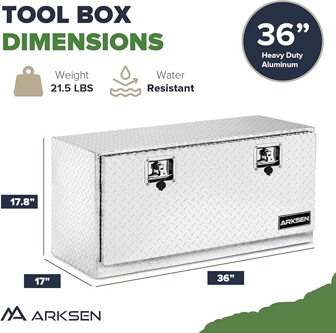 ARKSEN 36 Inch Heavy Duty Aluminum Diamond Plate Tool Underbody Box, Waterproof Square Truck Storage Organizer Chest for Pick Up Truck Bed, RV Trailer with T-Handle Lock and Keys - Silver