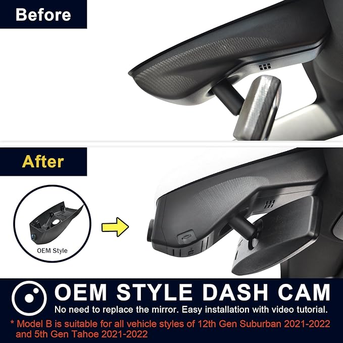 Front 4K & Rear 1080P Dash Cam Custom fit for 12th Gen Suburban / 5th Gen Tahoe 2021-2022, Integrated OEM Look, UHD 2160P Video, WiFi & App, G-Sensor, Loop Recording, 128GB Card