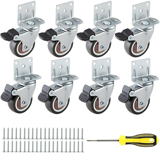 1.25 Inches Side Mount Caster Wheels Set of 8 L-Shaped Rubber Small Locking Swivel Caster Heavy-Duty Double Plate Castor with Brake Industrial Metal Wheel for Workbench, Furniture, Cabinet, Woodbox