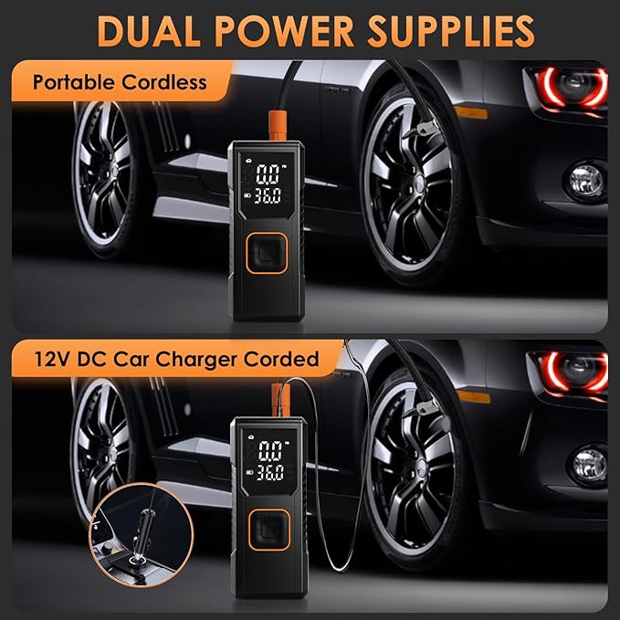 Tire Inflator Portable Air Compressor, 150PSI Cordless/12V DC Air Pump for Car Tires with Pressure Gauge, Auto Shut-Off, LED Light, 4X Faster Tire Inflator Bike Pump for Car, Motorcycle, Bike, Ball