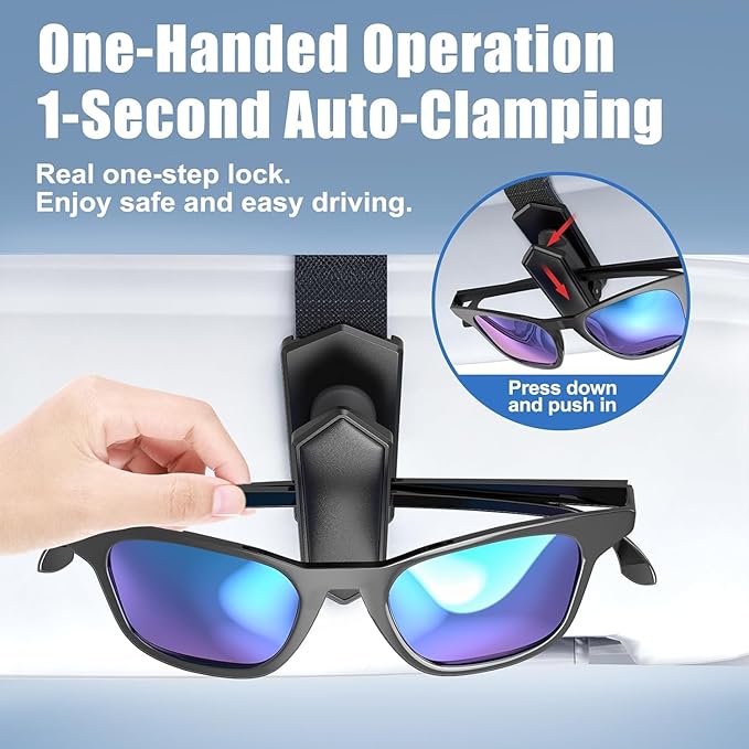 Veharvim One-Handed-Operation Sunglasses Holder for Car, Visor Sunglass Holder Clip, Car Accessories Interior, Universal Fit Silicone Padded Visor Sunglass Holder Car, Unmatched Durability (1 Pack)