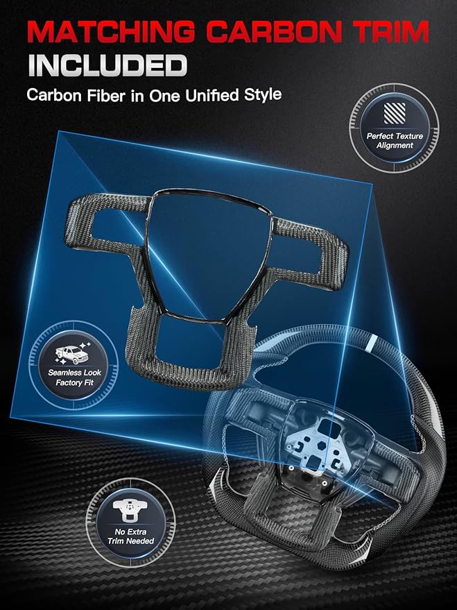 Carbon Fiber Steering Wheel for F150 2015-2020 with Accent Trim Piece White Stripe&Stitching Black Nappa Leather D-shaped Flat-bottom Steering Wheel for F150 without Paddle Shifter Models