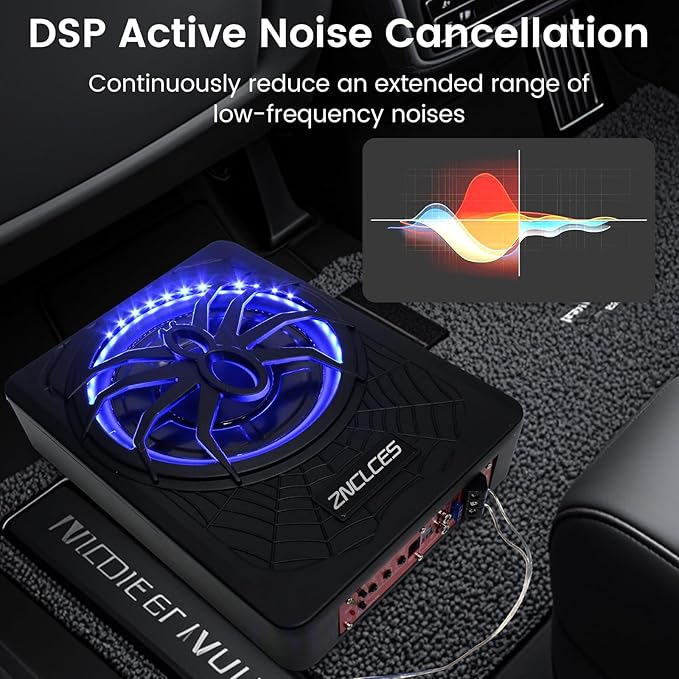 2025 Upgraded 10" 1200W Slim Under Seat Powered Car Subwoofer with Colorful LED Ambient Lights, Car/Truck Audio Sub Built in Amplifier Outstanding Heat Dissipation, Powerful Bass for Passion Driving