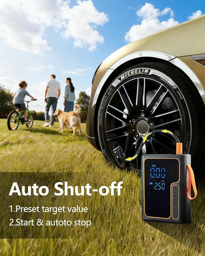 Cordless Tire Inflator and Battery Jumper Portable Air Compressor for Bike Handheld Bicycle Air Pump for Car Tires with Gauge Inflador De llantas Para Carro