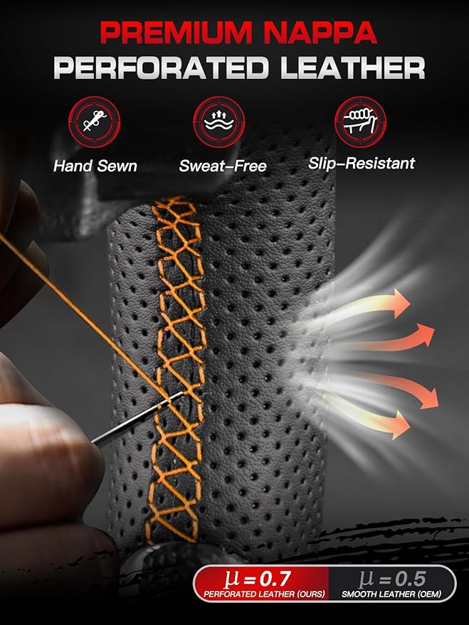 Steering Wheel for F150 Raptor 2021-2024 with Heated, Real Carbon Fiber, Double-D Flat-Top & Bottom, Orange Stripe & Stitching, for Raptor with Paddle Shifter Models