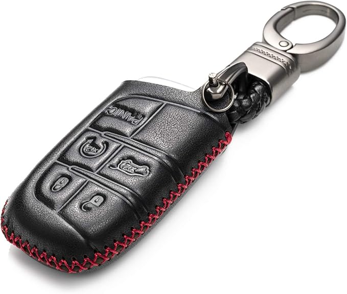Vitodeco Genuine Leather Smart Key Keyless Remote Entry Fob Case Cover Compatible for Jeep, Dodge, Chrysler (2014 - 2022 Models) - 3 to 5 Buttons, Black/Red