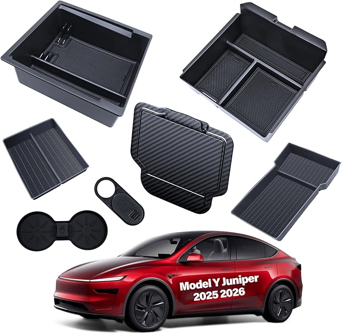 7PCS for Tesla Center Console Organizer Model Y Refreshed Juniper Accessories 2025 2026 Armrest Tray Cup Holder Center Lower Organizer Armrest Lower Organizer Hidden Compartment Storage