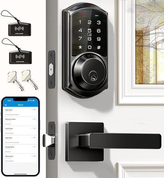 Veise VE06-L Smart Locks with 2 Lever Handle Set, App Control, Keyless Entry Deadbolt for Front Door, Electronic Digital Touchscreen Keypad, Auto Lock, Waterproof, Easy Installation, Matte Black