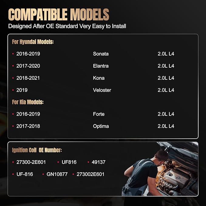 Set of 4 UF816 Ignition Coil Pack Compatible with Hyundai Sonata Elantra Kona Veloster Compatible with Kia Forte Optima 2.0L L4 Replaces 27300-2E601 GN10877 UF-816 49137 273002E601