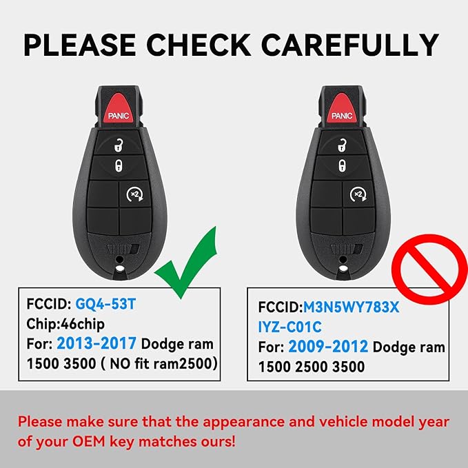 GQ4-53T DIY Key Fob Replacement with OBD Tool for Dodge Ram 1500 2013 2014 2015 2016 2017 Ram 3500 Truck Keyless Entry Remote with Interchangeable 3 and 4 Button Key Pads