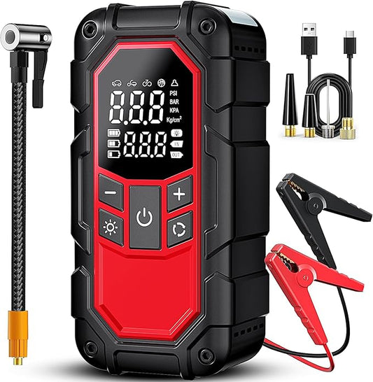 Jump Starter with Air Compressor,3000A car Battery Jump Starter (9.0 Gasoline/6.5L Diesel) with 150PSI Digital tire inflator Portable,12V Power Pack Car Jump Box Charger with LCD Display, Lights