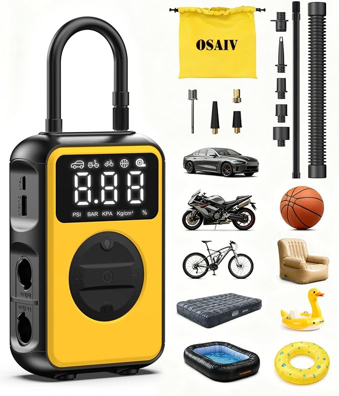 Tire Inflator Portable Air Compressor Cordless with Pressure Gauge and Auto Shut-Off Function, 2-in-1 Air Pump - 150 PSI for Car Bike Tires & 4.0 kPa for Air Mattresses and Inflatables