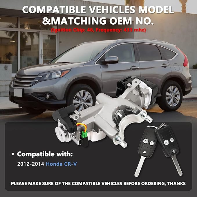 RAMATA Ignition Switch Lock Cylinder with Key (with Blank Chip) Compatible with 2012 2013 2014 Honda CRV (Ignition Chip: 46,Frequency: 433mHz)