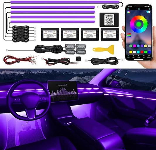 Acrylic Interior Car LED Strip Light with Wireless APP, RGB 10 in 1 with 175 inches 593 LEDs Fiber Optic Ambient Lighting Kits, 16 Million Colors Sound Active Function Car Neon Lights