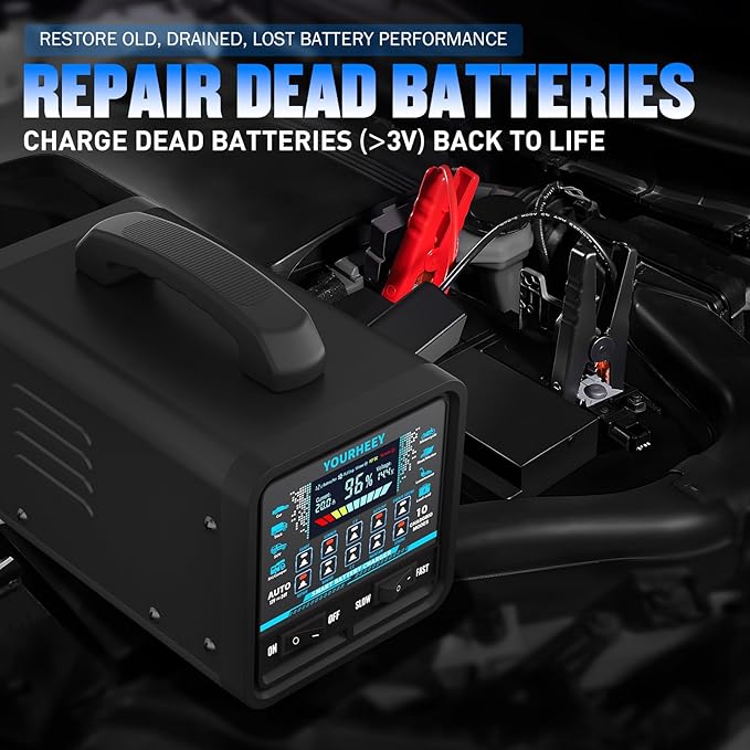 12V 24V 0-20A Car Battery Charger Heavy Duty, Smart Trickle Charger Maintainer with Auto Shutoff, Repair & Winter Mode, 10 Modes & Color Screen for Car, Truck, Motorcycle, RV, Boat, Lawn Mower