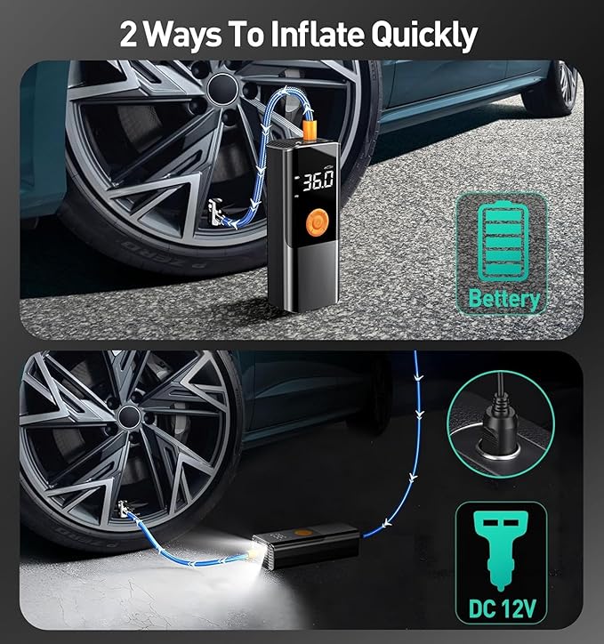 Tire Inflator Portable Air Compressor, Air Pump for Car Tires with LED Light, Cordless Tire Pump with Pressure Gauge,Tire Inflator for Car, Motorcycle, Bike