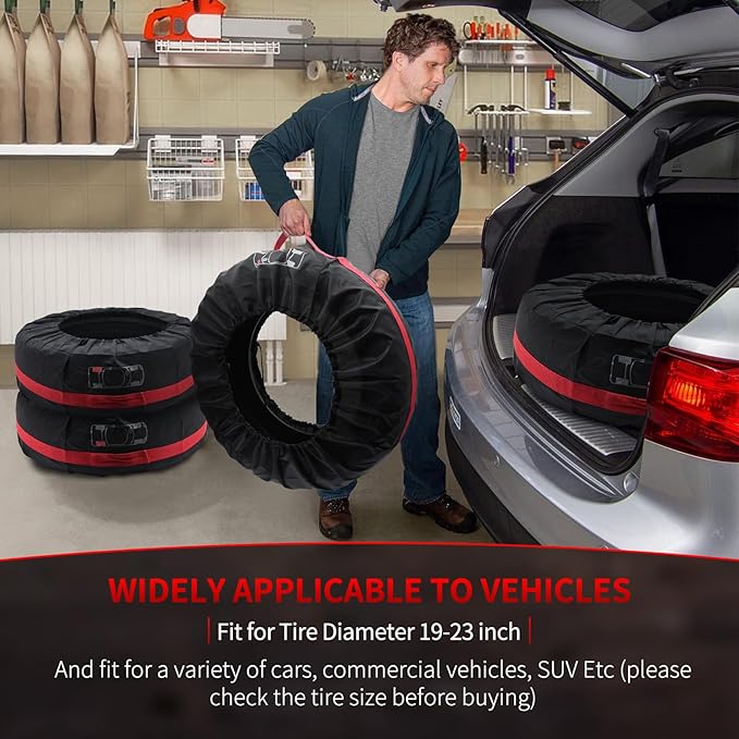 Geloo 4PCS Tire Cover, Seasonal Tire Totes,Polyester Wheel Tires Storage Bags, Waterproof Dustproof Wheel Covers Fit for 19"-23" Tyres (Diameter 80cm)-Black/Red