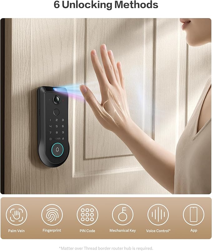 Lockin Veno Series Smart Deadbolt Lock, Palm Vein & Fingerprint Keyless Entry, Built-in Wi-Fi, Doorbell, App Remote Control (Dual Battery, Palm Vein+32G Local Storage, Black)