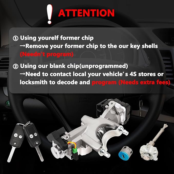 RAMATA Ignition Switch Lock Cylinder with Key (with Blank Chip) Compatible with 2012 2013 2014 Honda CRV (Ignition Chip: 46,Frequency: 433mHz)