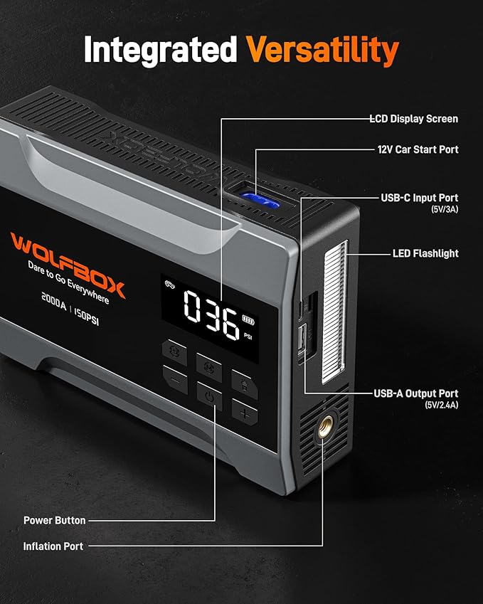 WOLFBOX 2000A Jump Starter with Air Compressor, 10000mAh Car Battery Jumper Starter Portable (up to 5L Gas Engine) with 150PSI Tire Inflator, 12V Jump Box with Jumper Cables, Boost, LED Light