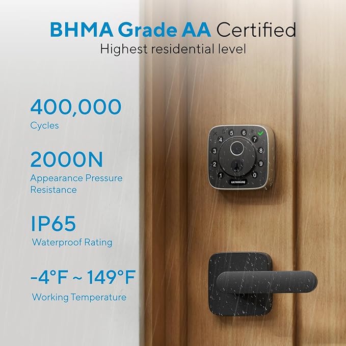 ULTRALOQ Bolt Fingerprint Smart Lock with Handle Set, Works with Apple Home, Keyless Entry Front Door Lock Set, Built-in WiFi Deadbolt with Door Sensor, App Remote Control, Auto Unlock, BHMA Certified