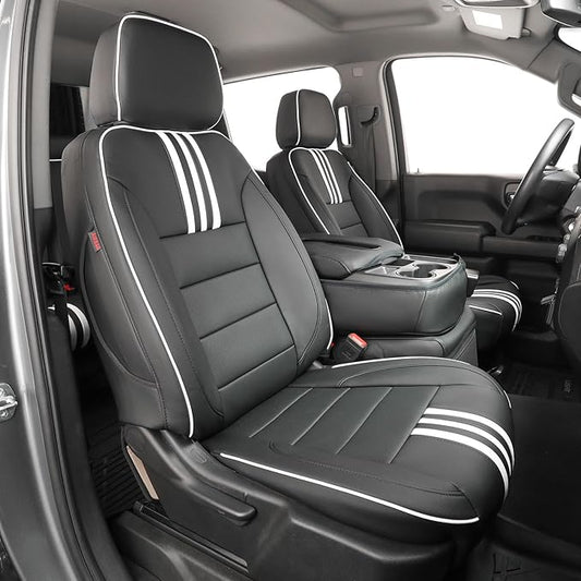 EKR Silverado Seat Covers Custom Fit for (Crew Cab) 2019-2026 Chevrolet Silverado 1500/1500 Limited/HD 2500/3500, Rear Row W/Armrest,Faux Leather(Black with White Trim)