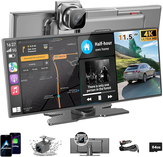 Largest 11.5 inch Wireless CarPlay Screen for Car, A-pple CarPlay & Android Auto HD Touchscreen with 4K Dash Cam/1080P Backup Camera/Navigation/Bluetooth/Voice Control/FM/Mirror Link,for All Vehicles