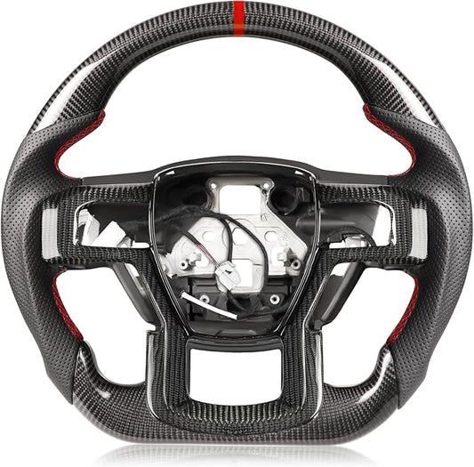Carbon Fiber Heated Steering Wheel for F-150 Raptor 2017–2020, D-Shaped Flat-Bottom, with Matching Decorative Trim Piece, Hand-Stitched Nappa Grip, for Raptor with Paddle Shifters Models