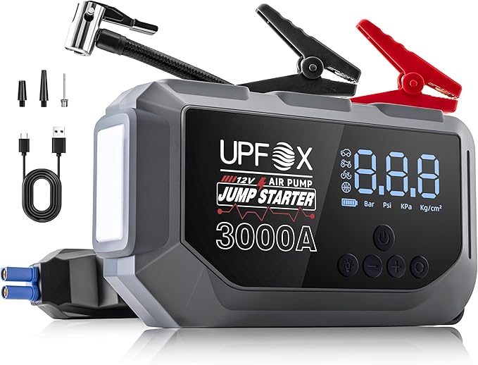 3000A Jump Starter with Air Compressor 12V – Portable Car Jump Starter for 8.0L Gas & 6.0L Diesel Engines, 150PSI Tire Inflator with LED Display, Emergency Jump Box with 3 Light Modes & Jumper Cables