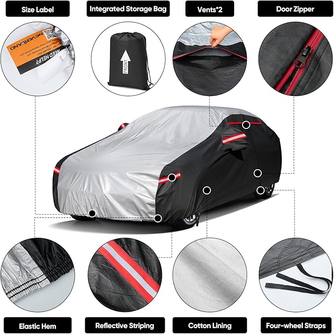 Neverland Car Cover - Car Cover Waterproof All Weather Snowproof UV Protection Windproof Full Car Covers with Side Door Zipper,Reflective Strips,Storage Bag Full Exterior Covers