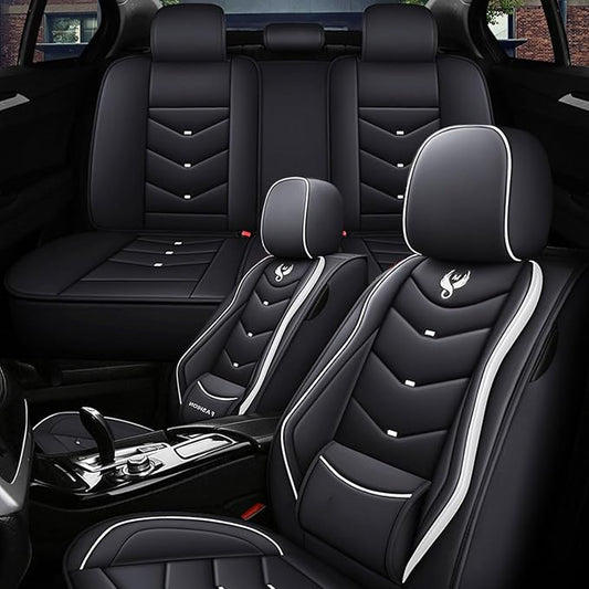 5 Seat Covers for Honda Civic 2003-2026 Leather Waterproof Breathable Car Seat Covers, Interior Accessories Seat Cover Cushion Airbag Compatible (Black&White, Standard)