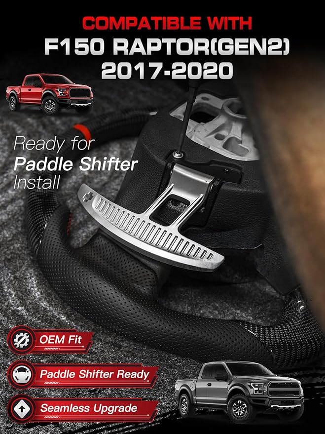 Carbon Fiber Heated Steering Wheel for F-150 Raptor 2017–2020, D-Shaped Flat-Bottom, with Matching Decorative Trim Piece, Hand-Stitched Nappa Grip, for Raptor with Paddle Shifters Models