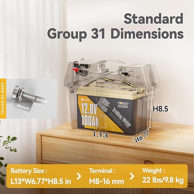 Power Queen 12V 100Ah LiFePO4 Battery Low-temp Protection Group 31, Deep Cycle Lithium Battery with 100A BMS, 1280Wh Energy, Up to 15000 Cycles for Trolling Motor Marine RV Solar (12V 100Ah, 3)