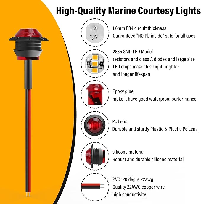 ALFU 10PCS Red 3/4" 12V LED Boat Interior Lights Marine Navigation Lights Clearance Marker Lights Round Bullet Side Indicator Lamps for Truck, Trailer, RV, Van, Boat, Bus, Caravan