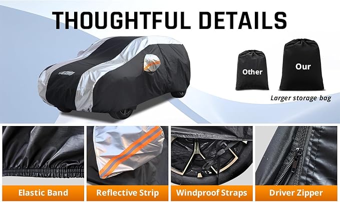SUV Cover Waterproof All Weather Protection with Silver Stripe Design, Car Cover Universal Fit Ford Explorer, Toyota Highlander, Honda Pilot, Dodge Durango, BMW X5 X6, Lexus RX350
