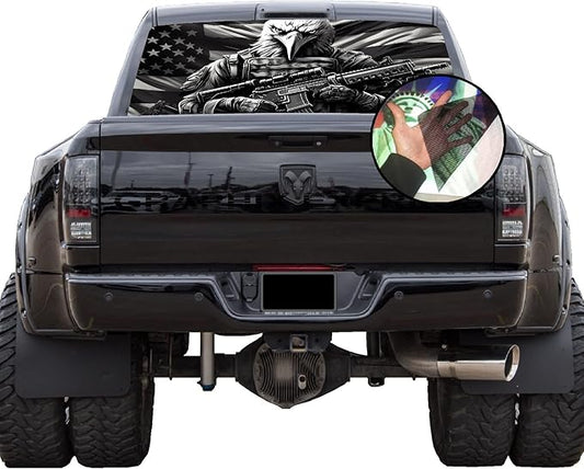 GRAPHIX EXPRESS Truck Back Window Graphics (American Flag Eagle) Universal See Through Rear Window Vinyl Wrap - Full Window Decals for Trucks - Truck Window Decals (P542 Eagle Rifle), 65'' x 17''
