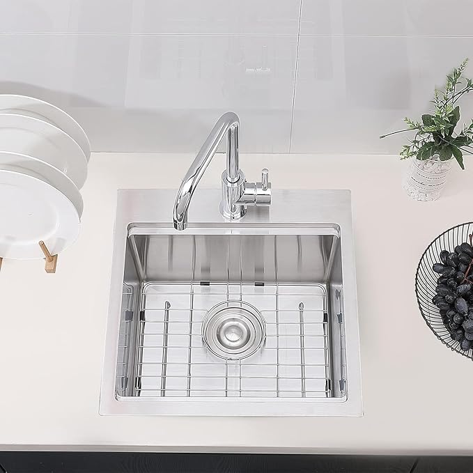 18x18 Inches Drop In Bar Sink, 18 Inch Stainless Steel Topmount Deep Single Bowl Workstation Small Kitchen Wet Bar Prep RV Sink with Cutting Board